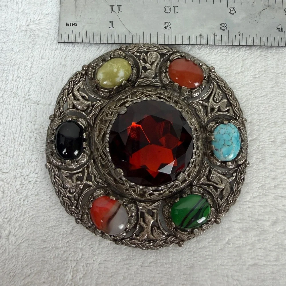 Miracle Vintage‎ Celtic Brooch Red Glass Multi Stone Silver Tone Scottish Pin